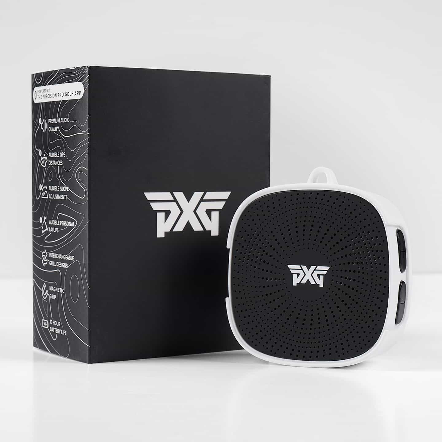PXG white golf speaker with a white pxg logo in the middle of a speaker on a white background