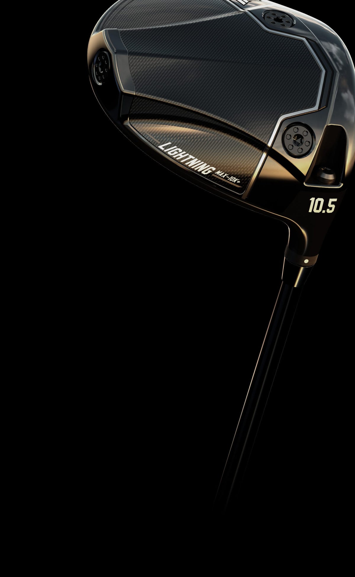 A close-up studio shot of a black golf club head with gold accents and white 'LIGHTNING' branding, shown against a solid black background.