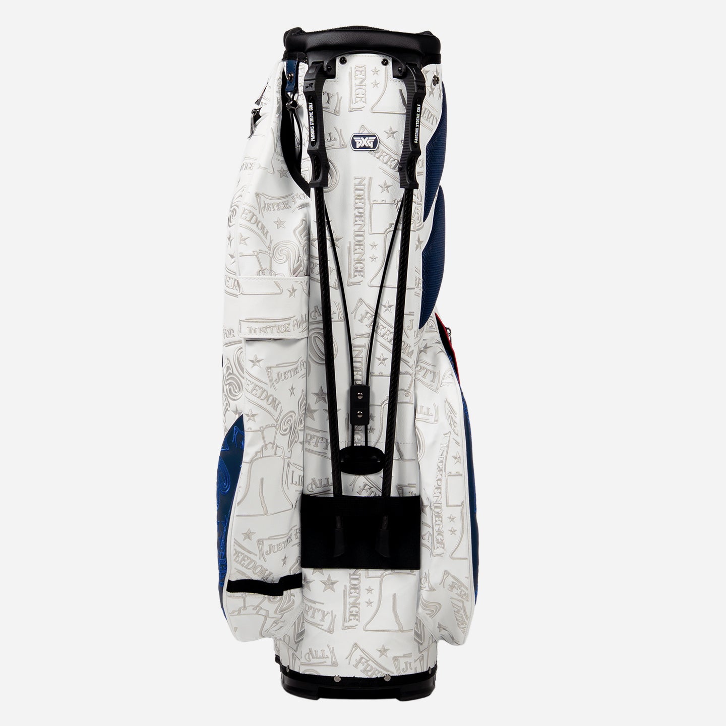 PXG red, blue, and white 2026 stars and stripes hybrid stand golf bag on a white background