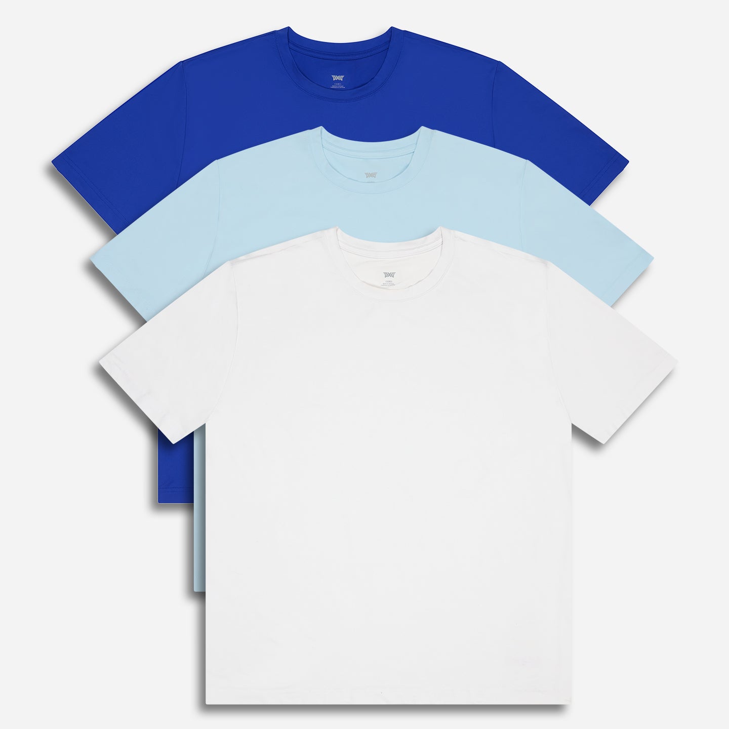 PXG men's blue, ciel, and white 2026 stars & stripes signature tee 3-pack on a white background