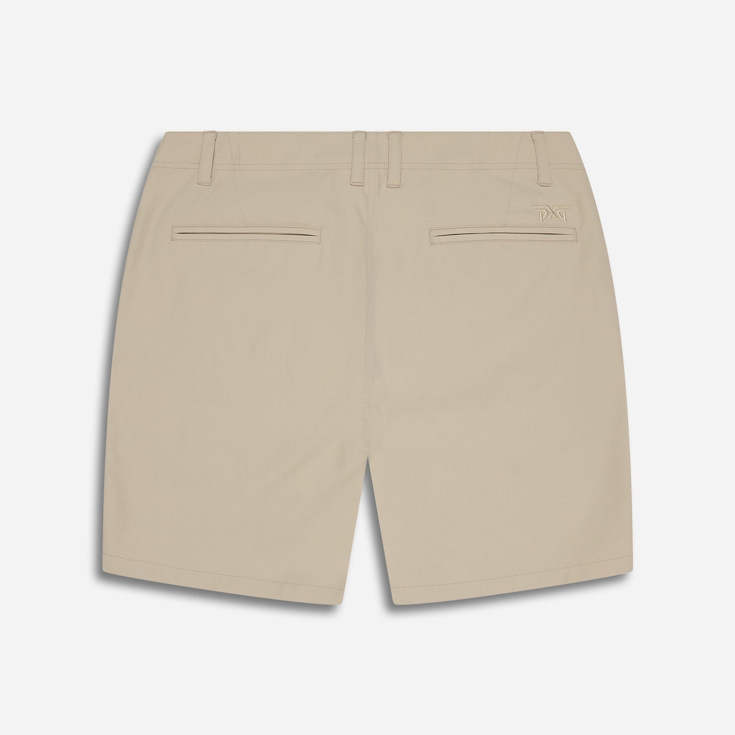 PXG men's khaki all-day comfort shorts on a white background