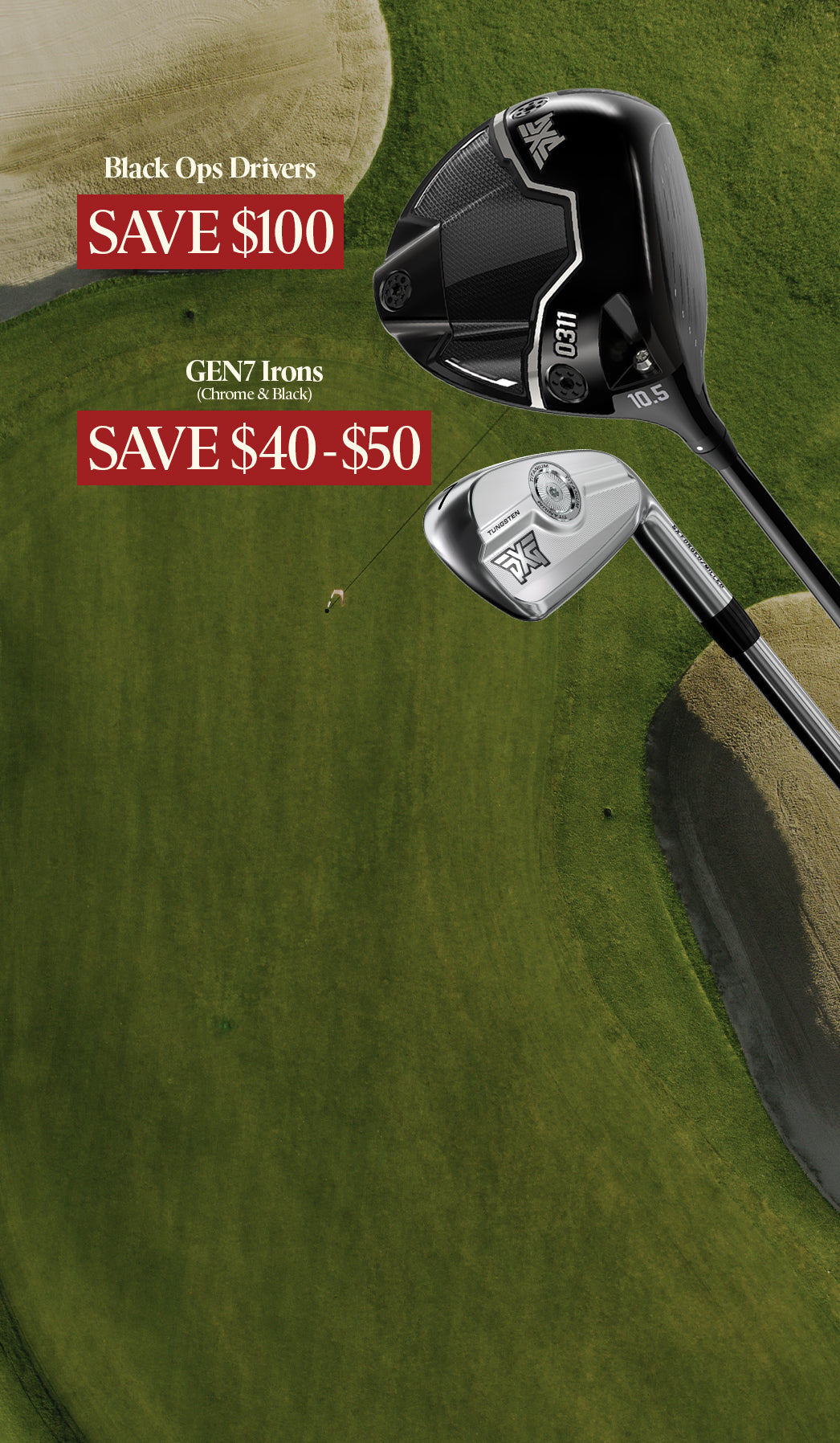 Golf clubs on a green background with promotional text for savings.