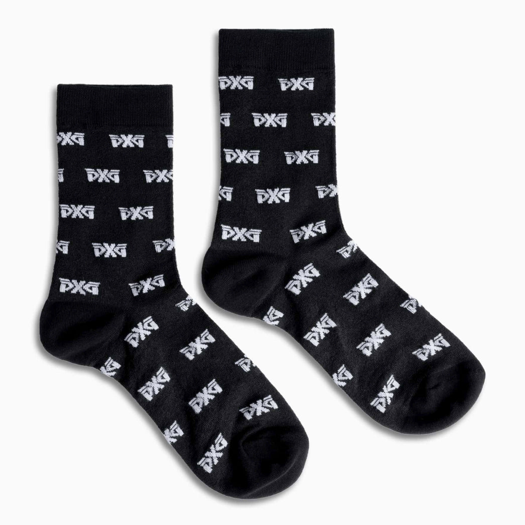 PXG women's black all over logo mesh crew socks on a white background