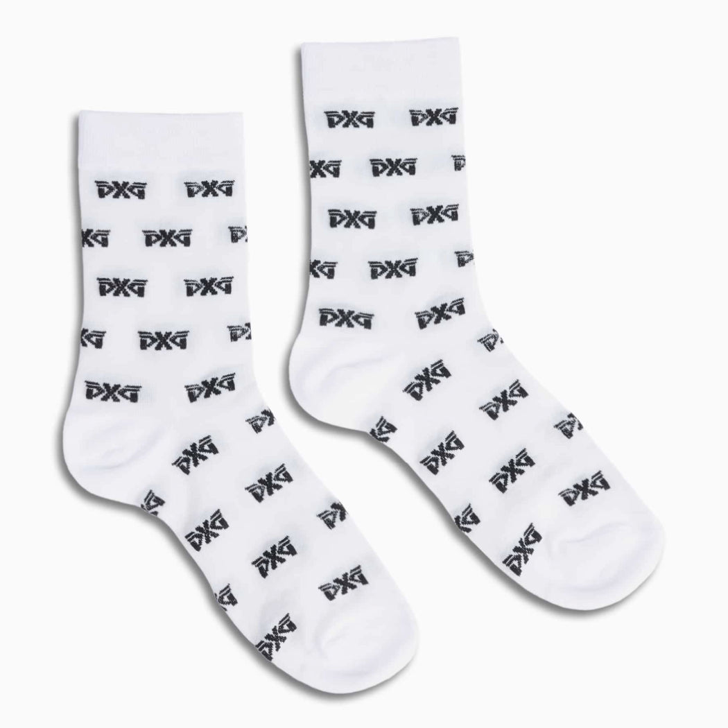 PXG women's white all over logo mesh crew socks on a white background