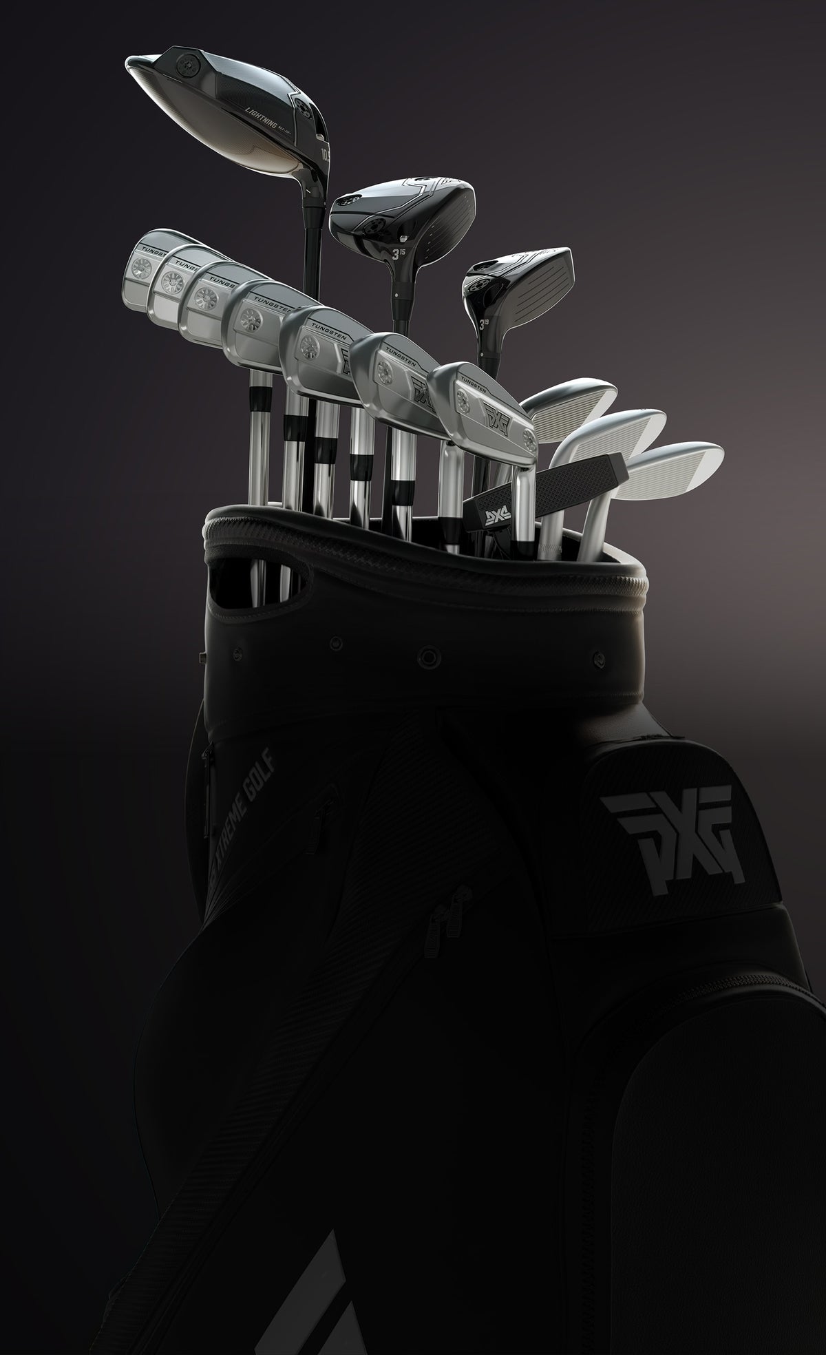 Set of golf clubs in a black club head cover with PXG logo on a dark background