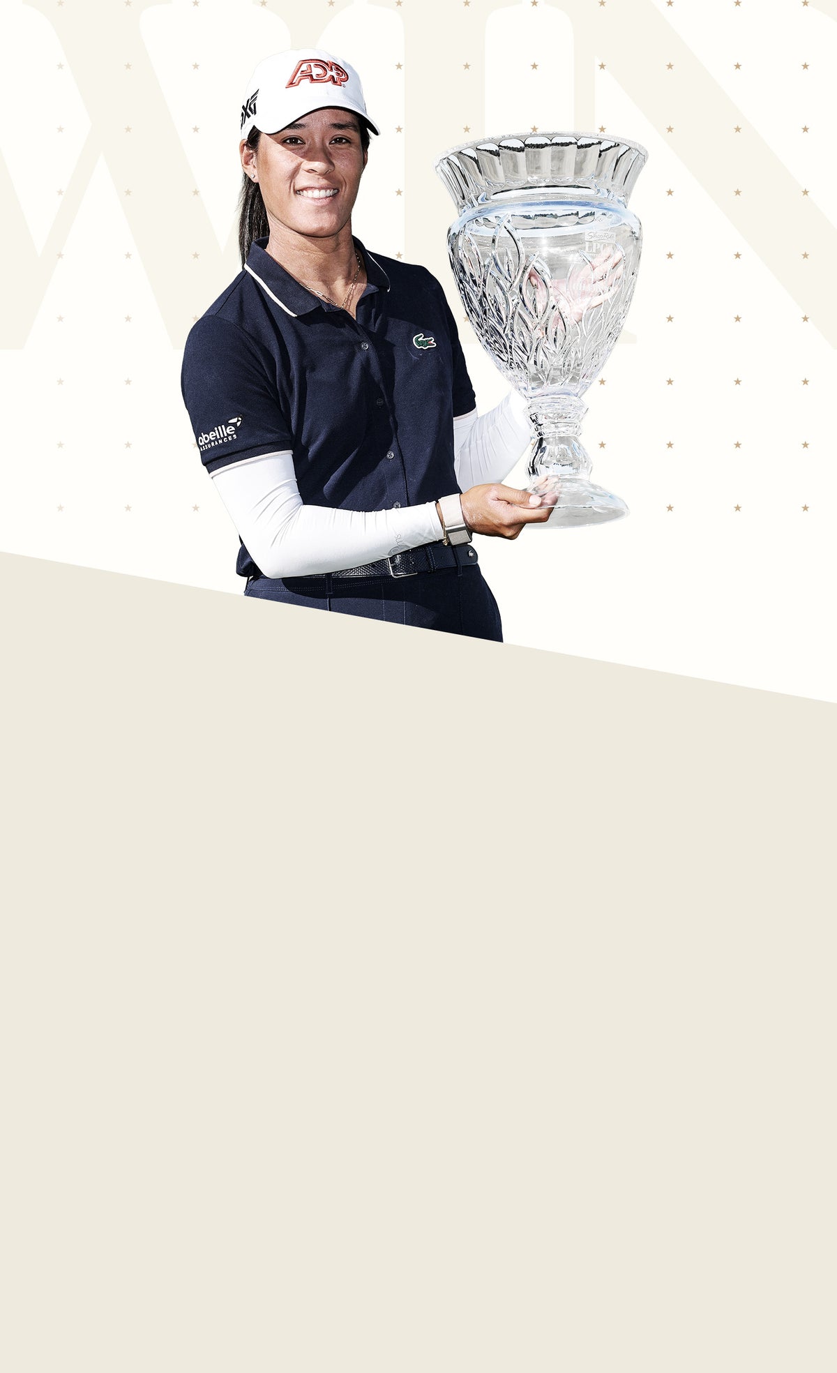 Celine Boutier holding a large trophy against a plain background