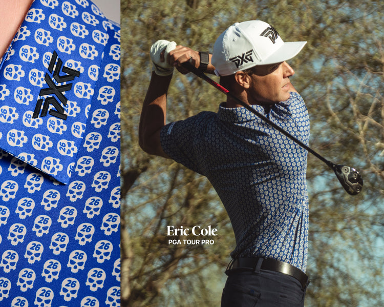Eric Cole wearing a PXG polo and swinging a driver.