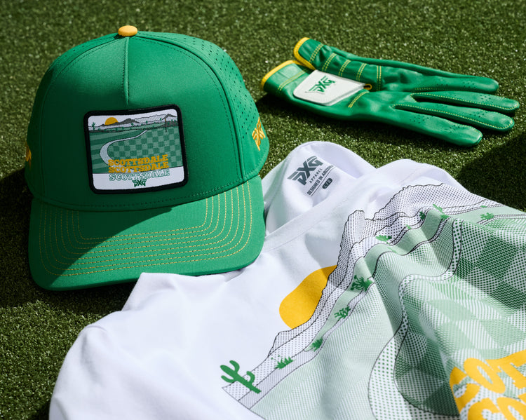 PXG hat, golf glove, and t-shirt for party in the desert collection.