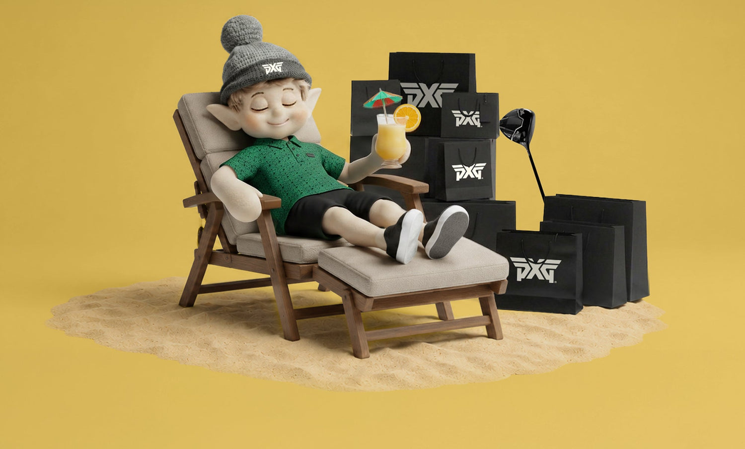 Elf laying on a bed with a drink with black PXG bags