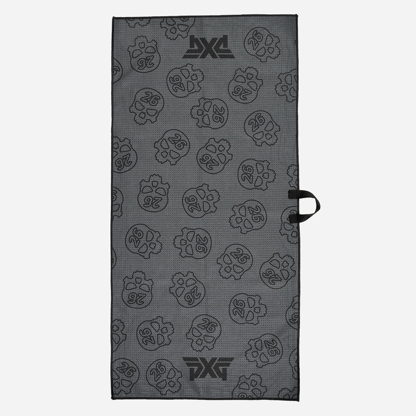 PXG dark gray darkness repeat player's golf towel with repeating skulls on a white background