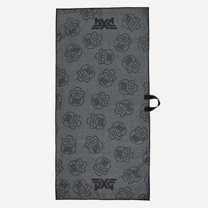 PXG dark gray darkness repeat player's golf towel with repeating skulls on a white background