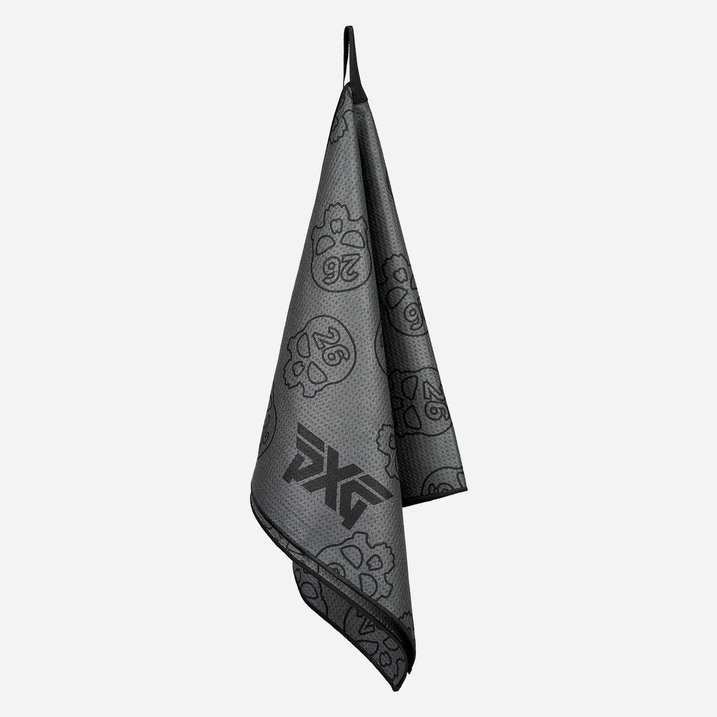 PXG dark gray darkness repeat player's golf towel with repeating skulls on a white background