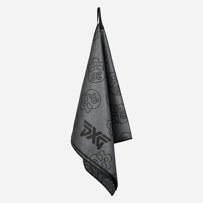 PXG dark gray darkness repeat player's golf towel with repeating skulls on a white background