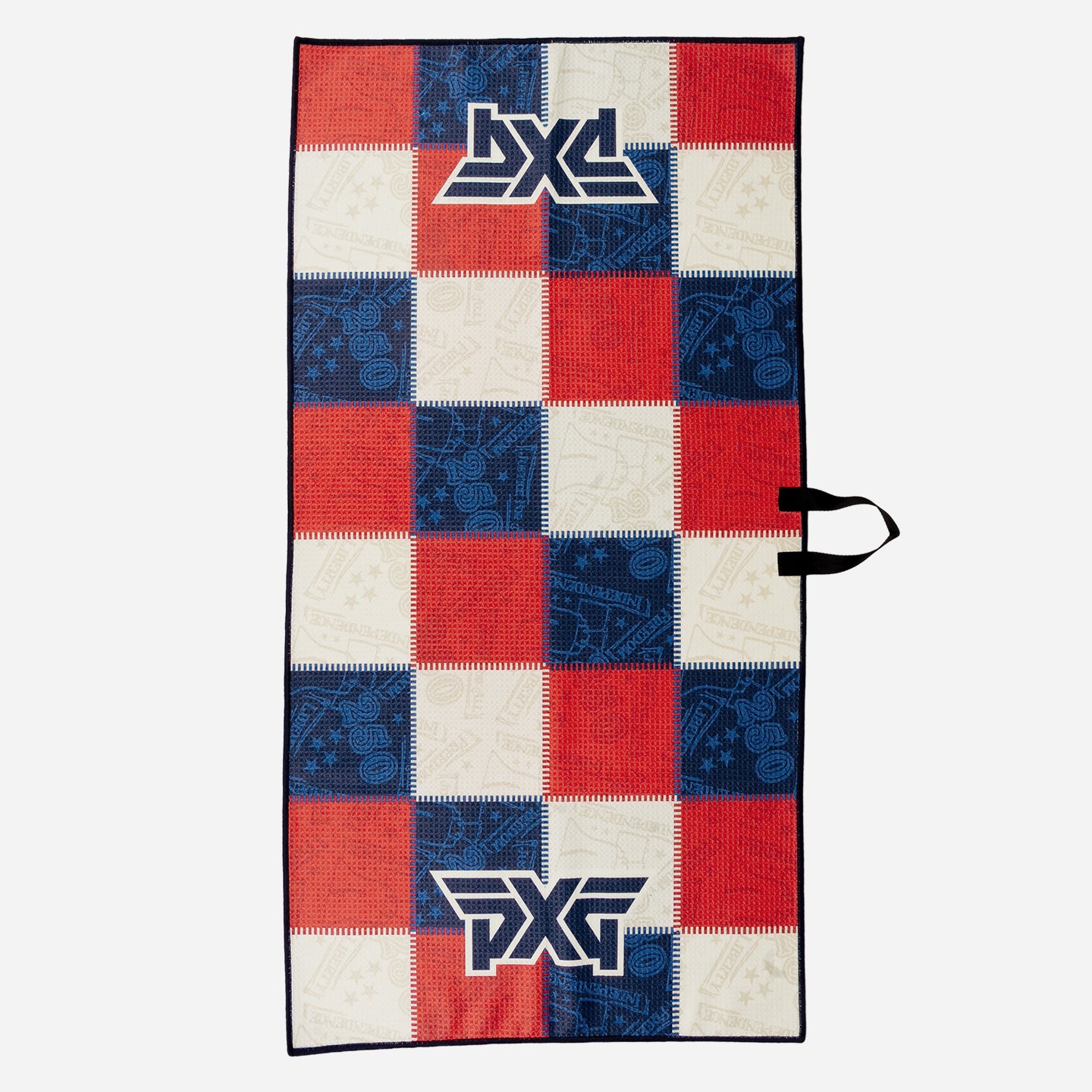 PXG stars and stripes players golf towel with patchwork colors of blue, white, and red on a white background
