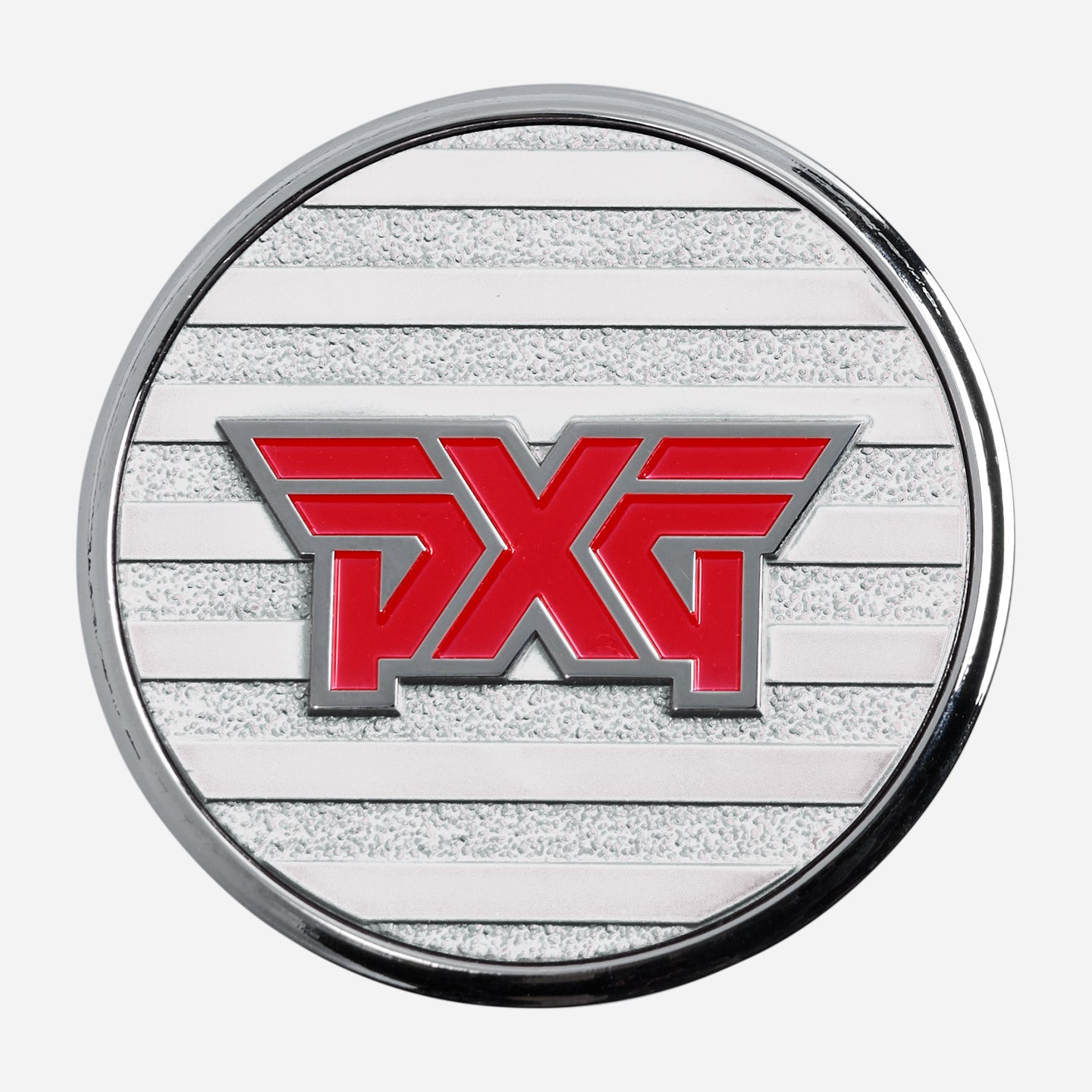 PXG chrome golf ball marker with a white side featuring a red PXG logo and a blue side featuring a white PXG logo, on a white background