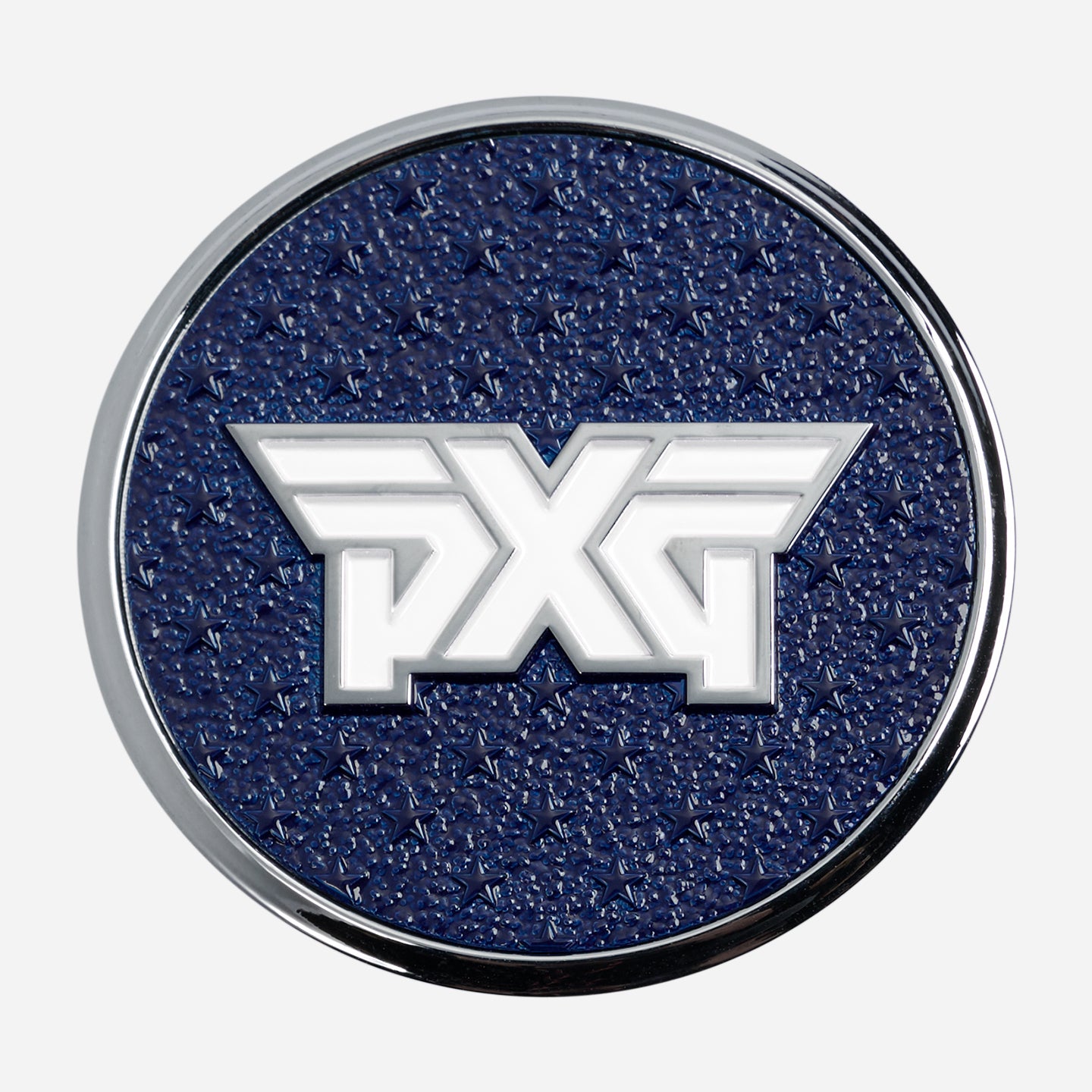 PXG chrome golf ball marker with a white side featuring a red PXG logo and a blue side featuring a white PXG logo, on a white background