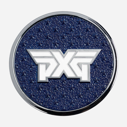 PXG chrome golf ball marker with a white side featuring a red PXG logo and a blue side featuring a white PXG logo, on a white background