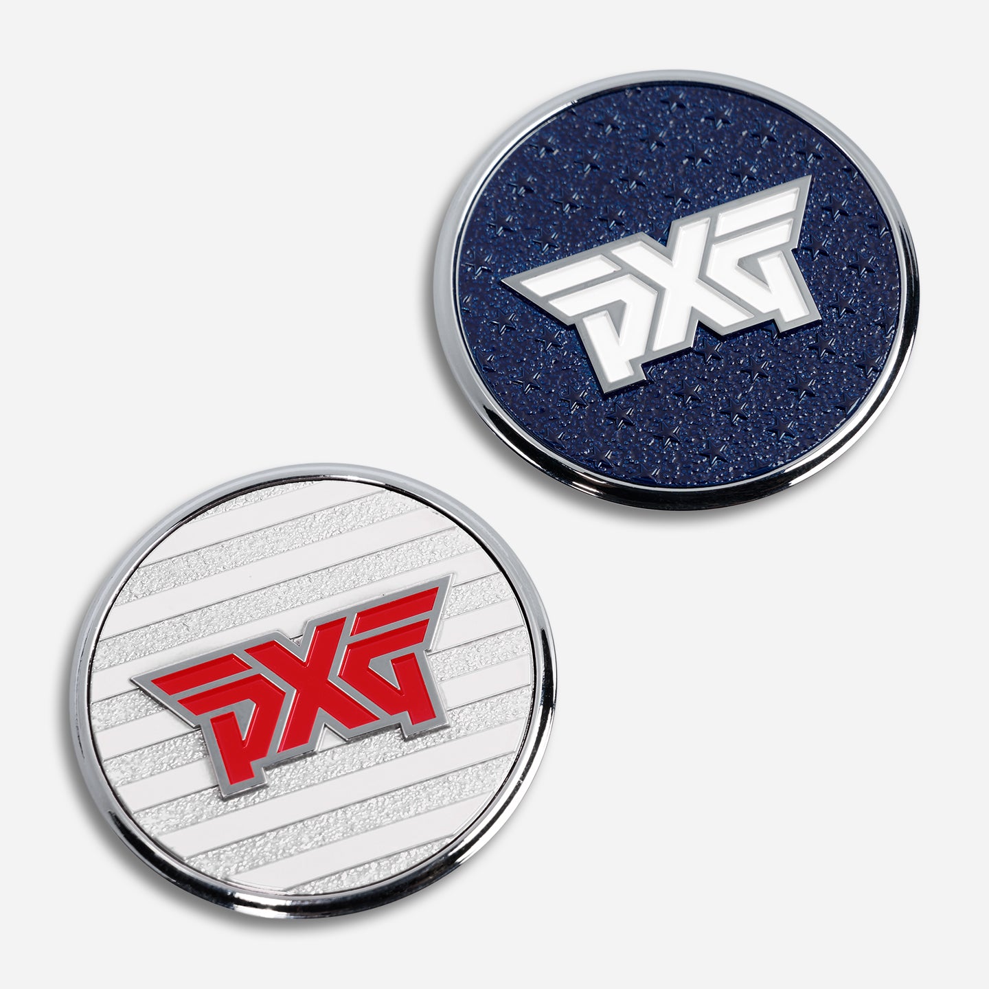 PXG chrome golf ball marker with a white side featuring a red PXG logo and a blue side featuring a white PXG logo, on a white background