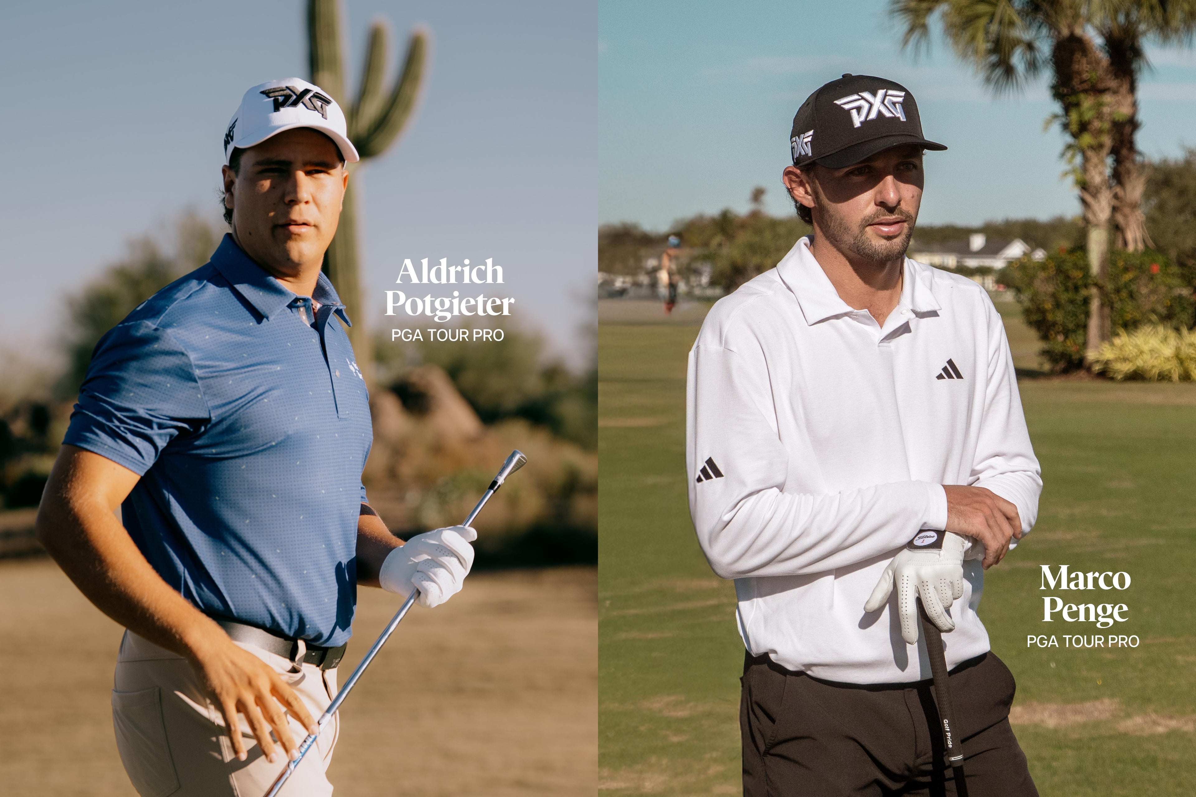 Two golfers, Aldrich Potgieter and Marco Penge, on a golf course with cacti and palm trees in the background.