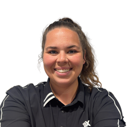 A smiling woman with her hair in a ponytail wearing a black long-sleeve athletic polo shirt with white stripes on the collar and sleeves, photographed against a plain white background.