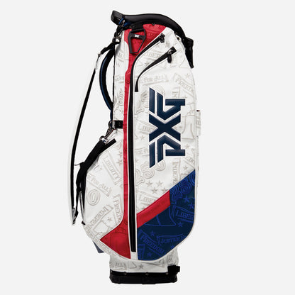 PXG red, white, and blue 2026 stars and stripes carry stand golf bag on a white background
