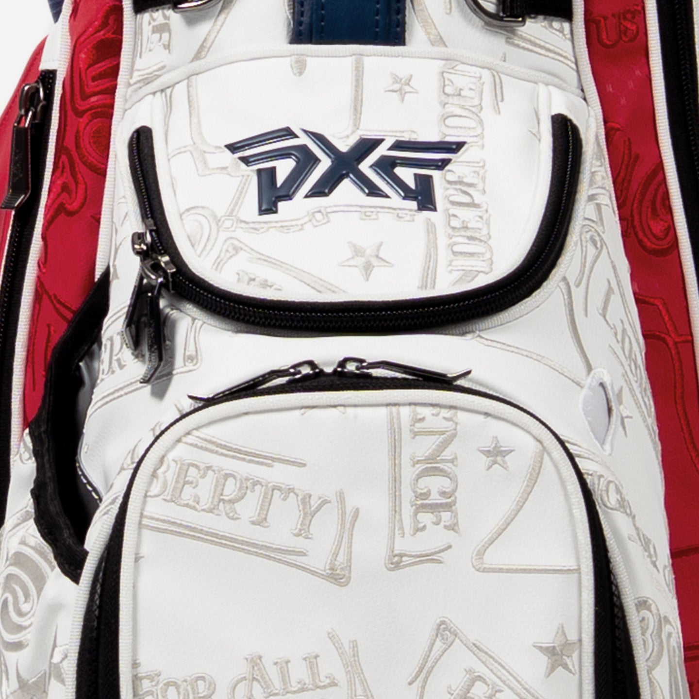 PXG red, white, and blue 2026 stars and stripes carry stand golf bag on a white background