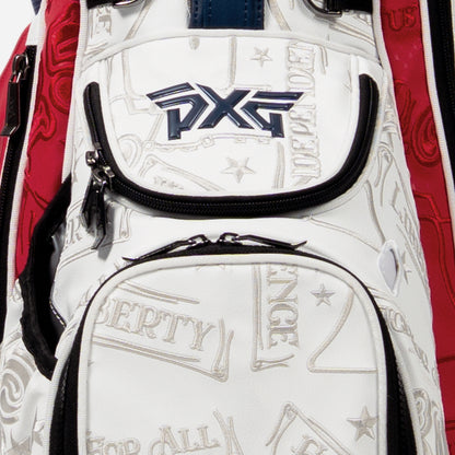 PXG red, white, and blue 2026 stars and stripes carry stand golf bag on a white background