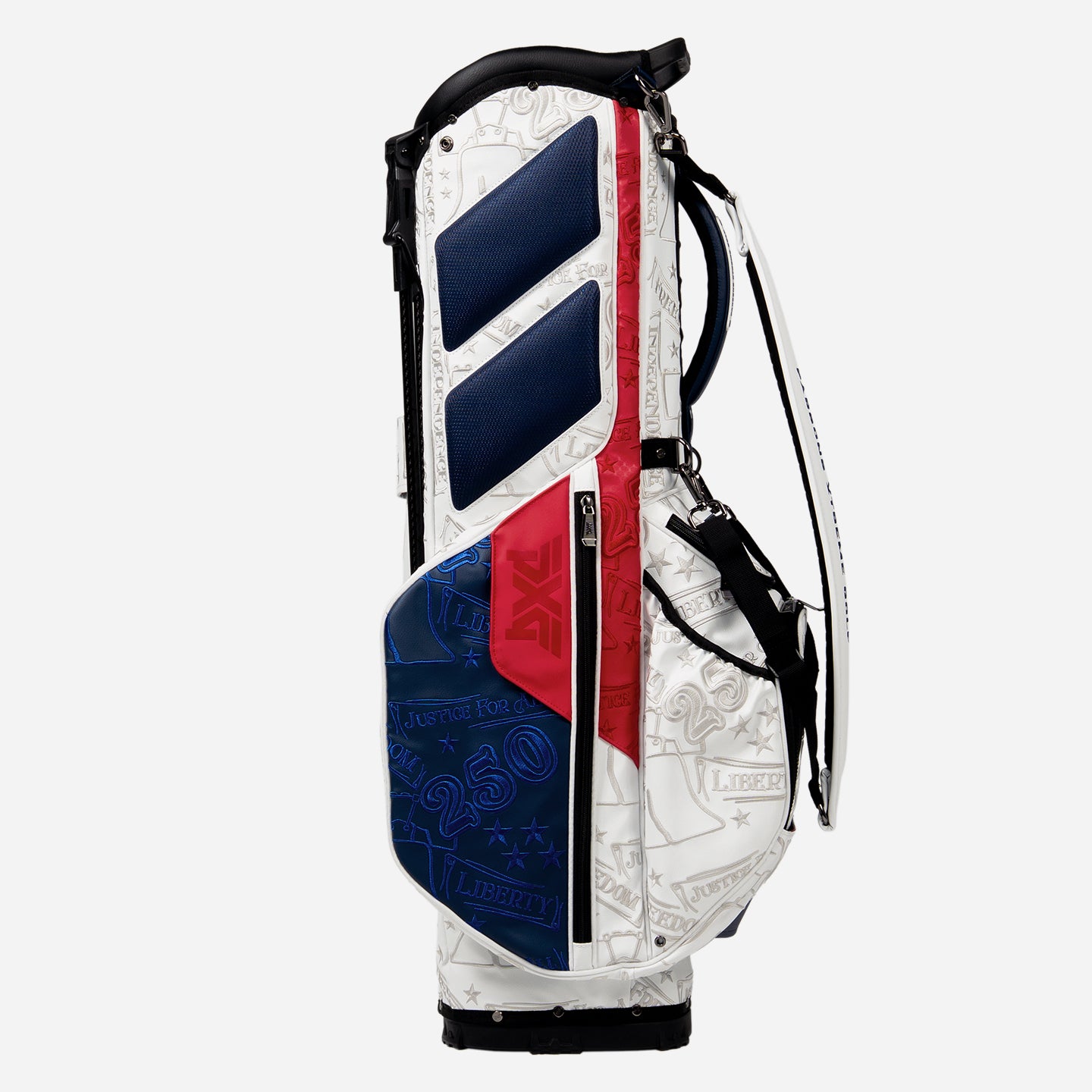 PXG red, white, and blue 2026 stars and stripes carry stand golf bag on a white background