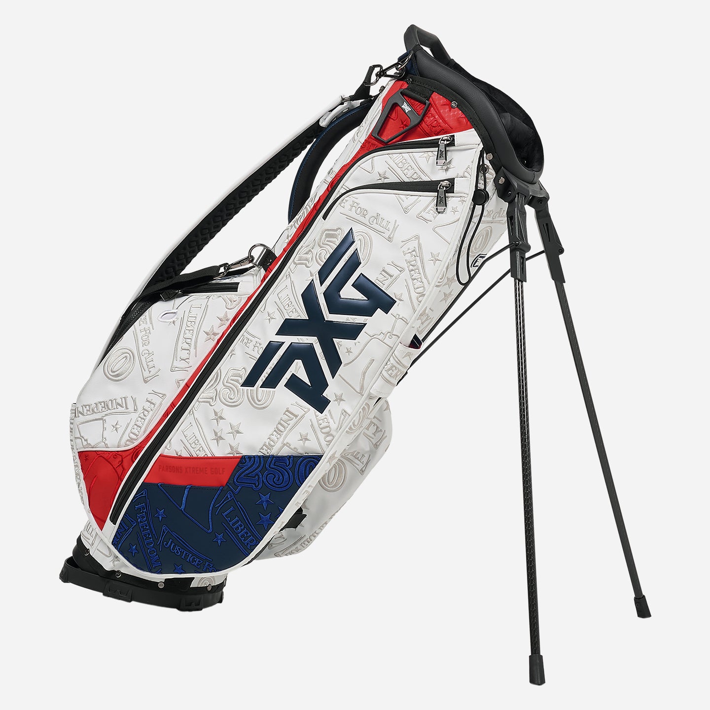 PXG red, white, and blue 2026 stars and stripes carry stand golf bag on a white background