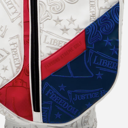 PXG red, white, and blue 2026 stars and stripes carry stand golf bag on a white background