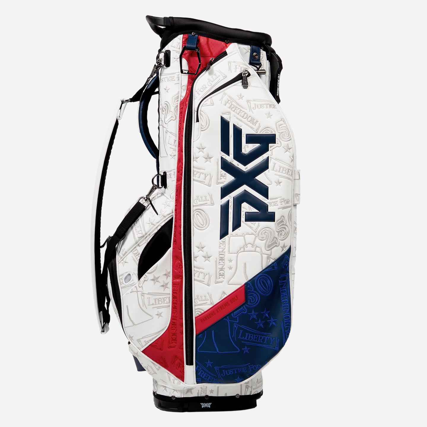 PXG red, blue, and white 2026 stars and stripes hybrid stand golf bag on a white background