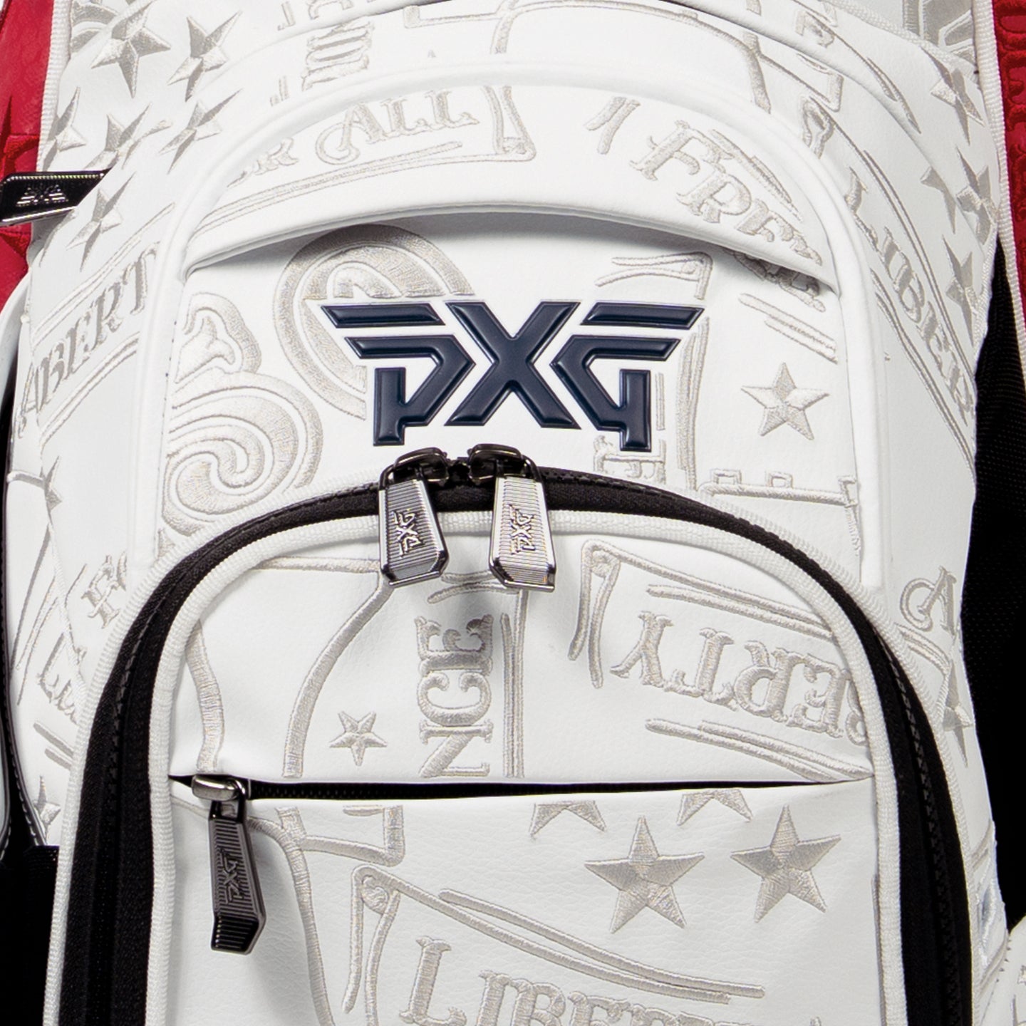 PXG red, blue, and white 2026 stars and stripes hybrid stand golf bag on a white background