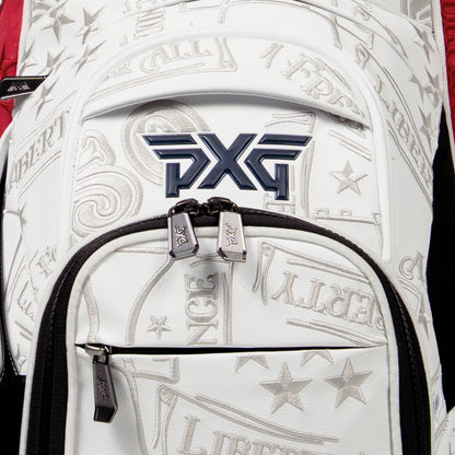 PXG red, blue, and white 2026 stars and stripes hybrid stand golf bag on a white background