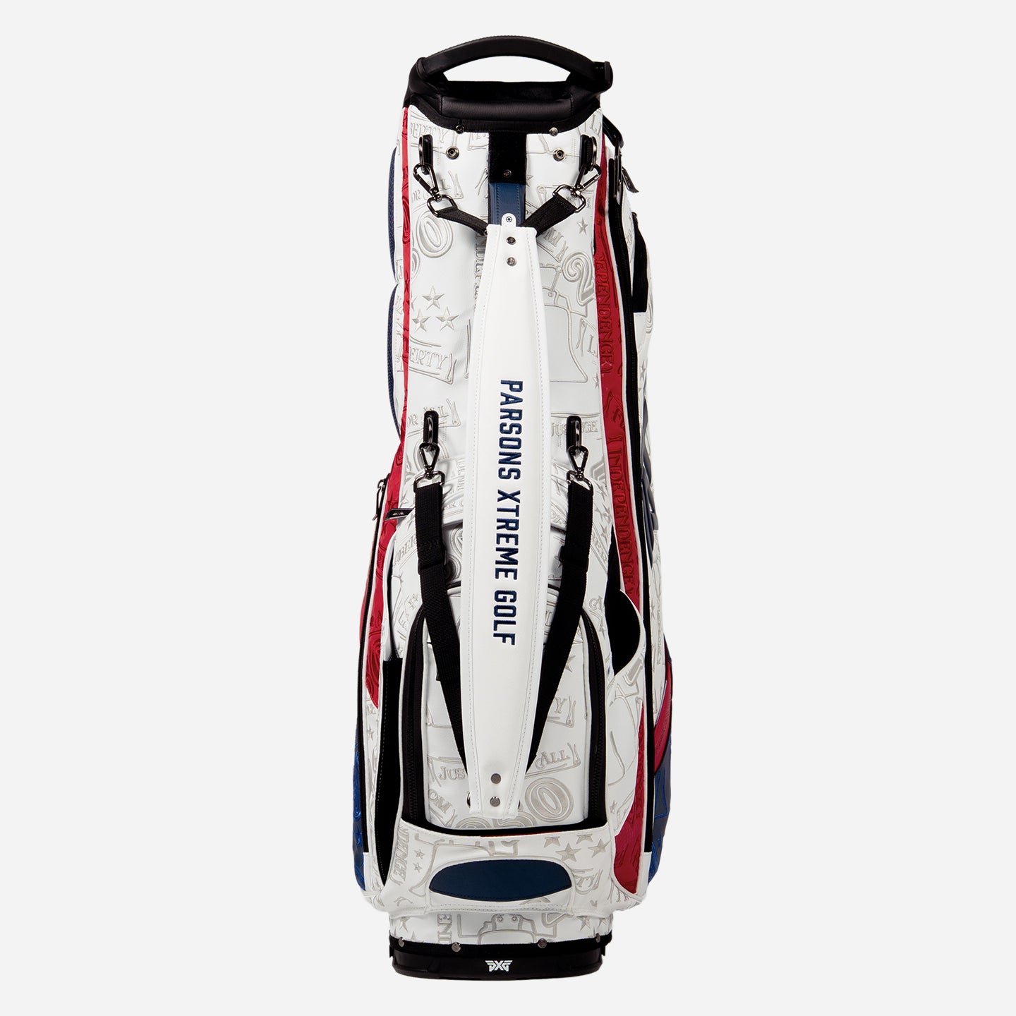 PXG red, blue, and white 2026 stars and stripes hybrid stand golf bag on a white background