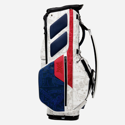 PXG red, blue, and white 2026 stars and stripes hybrid stand golf bag on a white background