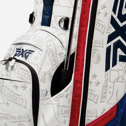 PXG red, blue, and white 2026 stars and stripes hybrid stand golf bag on a white background