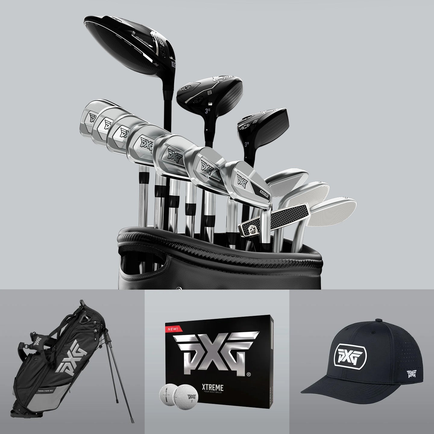 PXG golf clubs, golf bag, golf balls, and golf hat