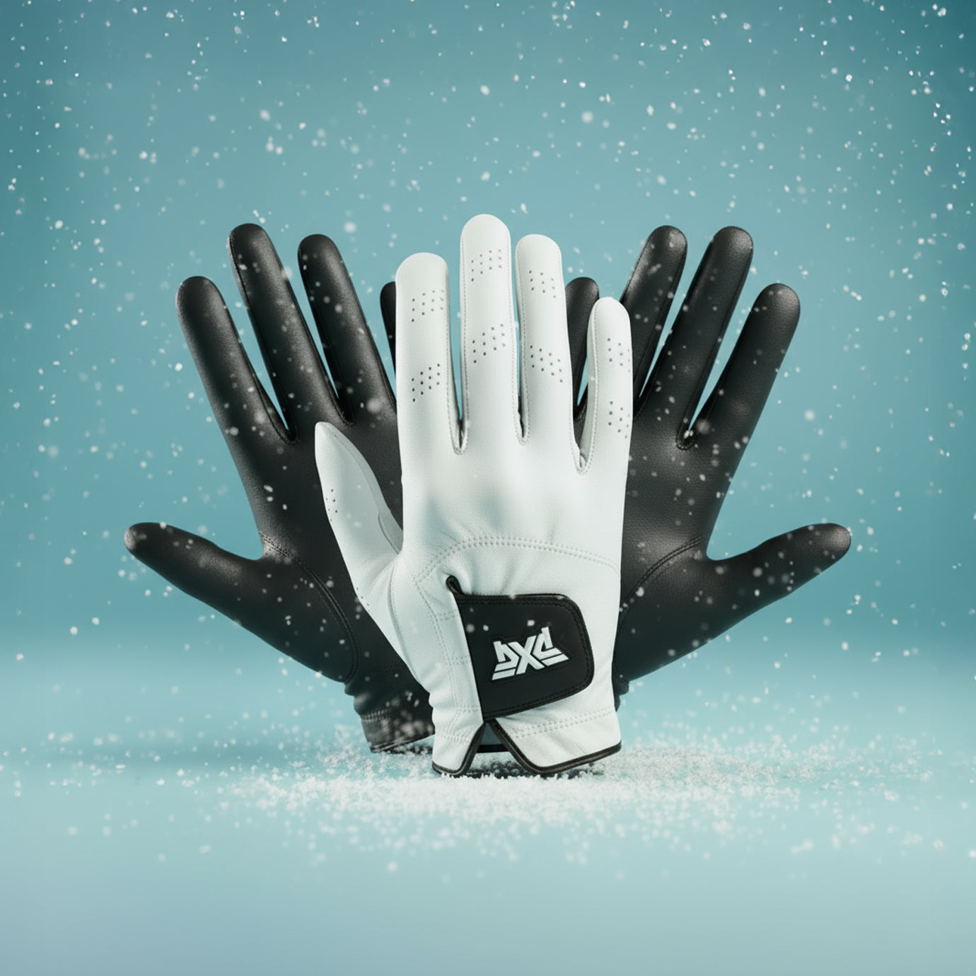 Black and white gloves with a brand logo on a light blue background