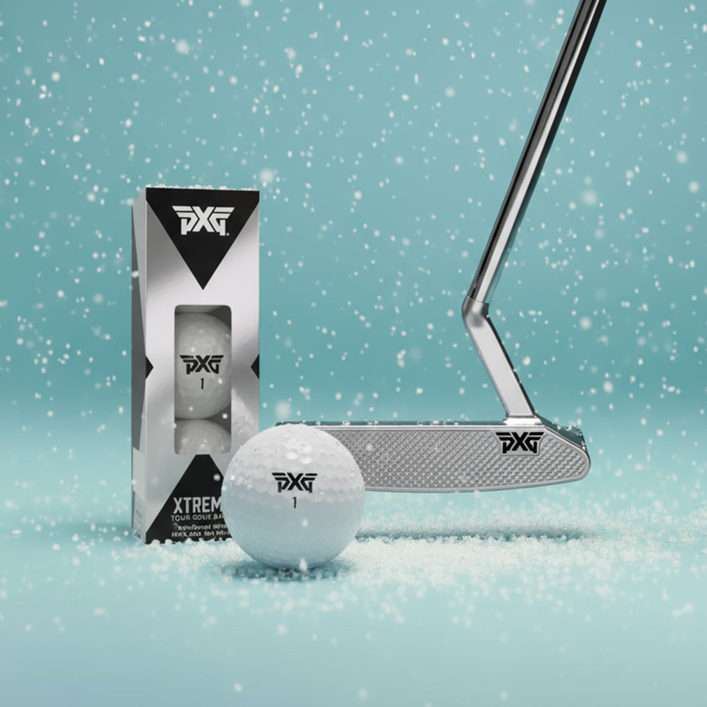 Golf putter, golf ball, and packaging on a light blue background with snow effect