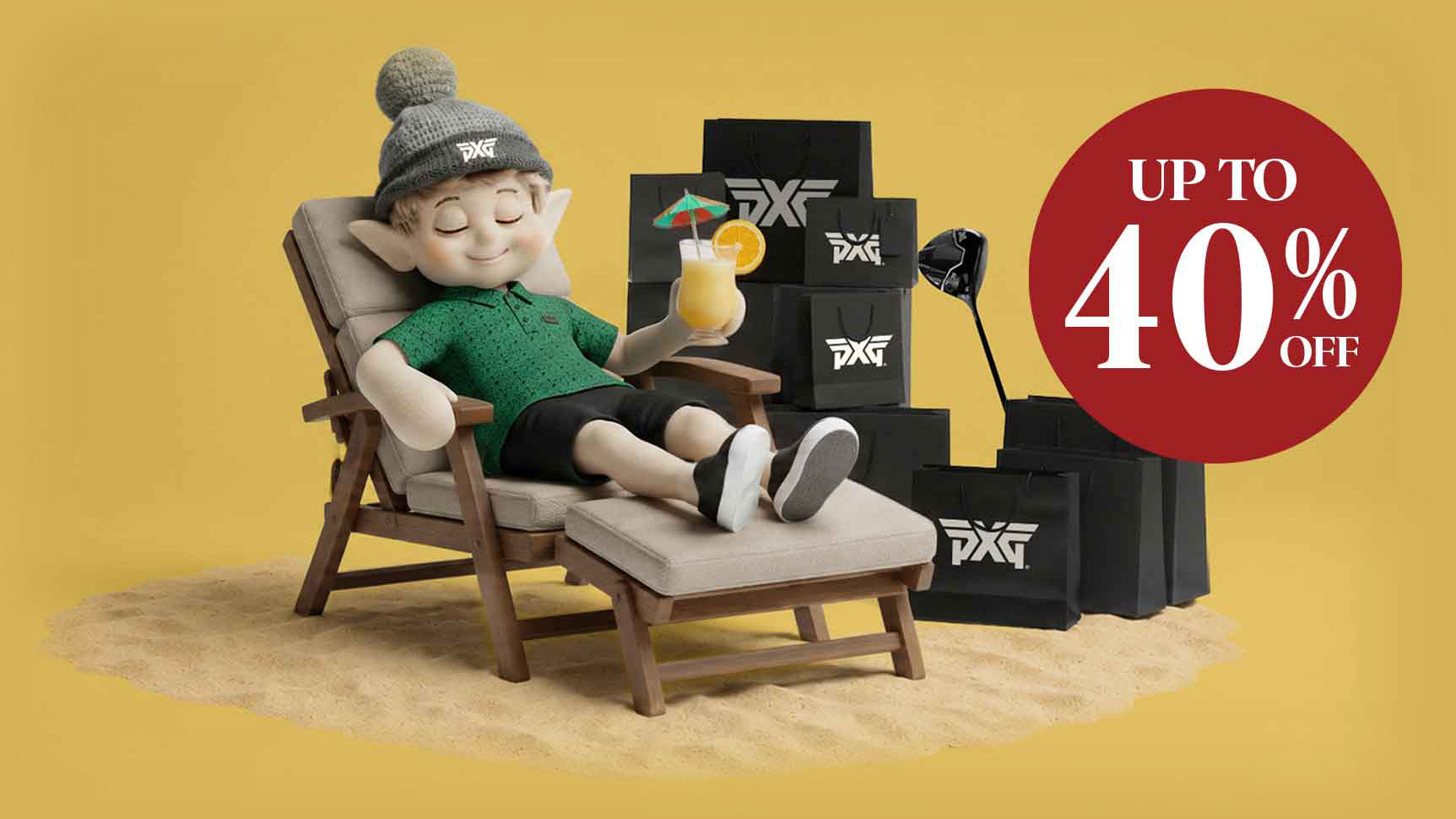 Elf in a beach setting with PXG swag bags