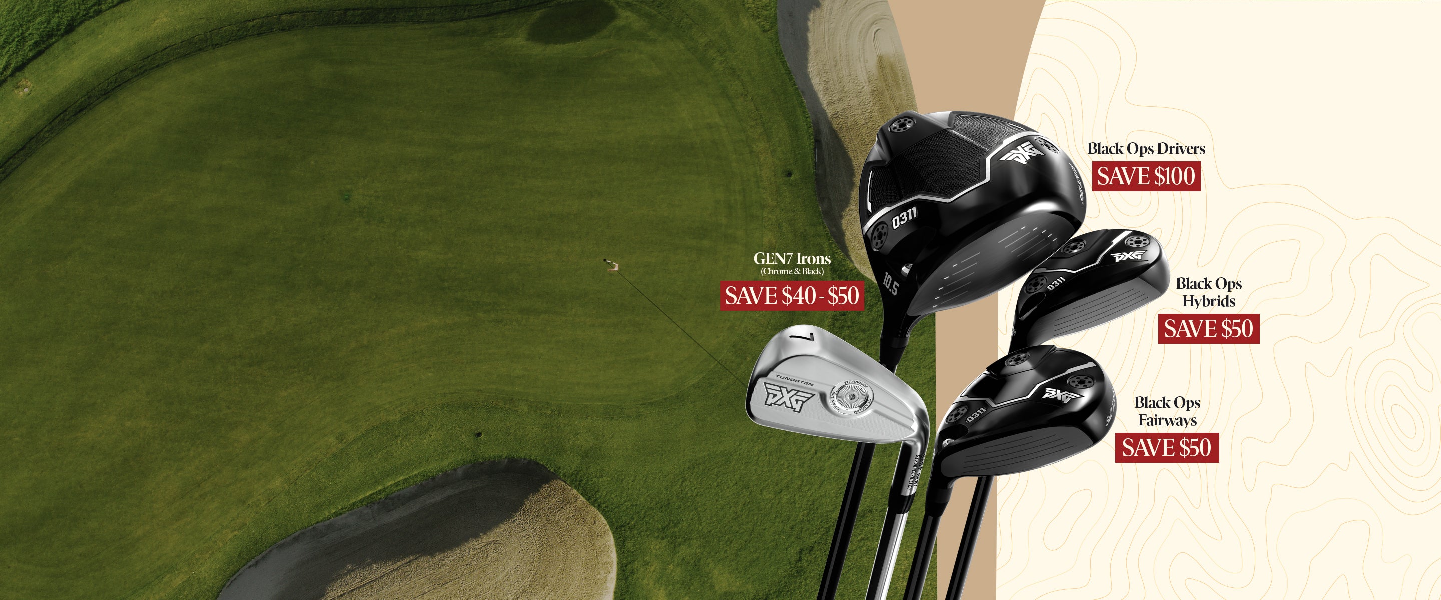 Golf clubs with price tags on a golf course background