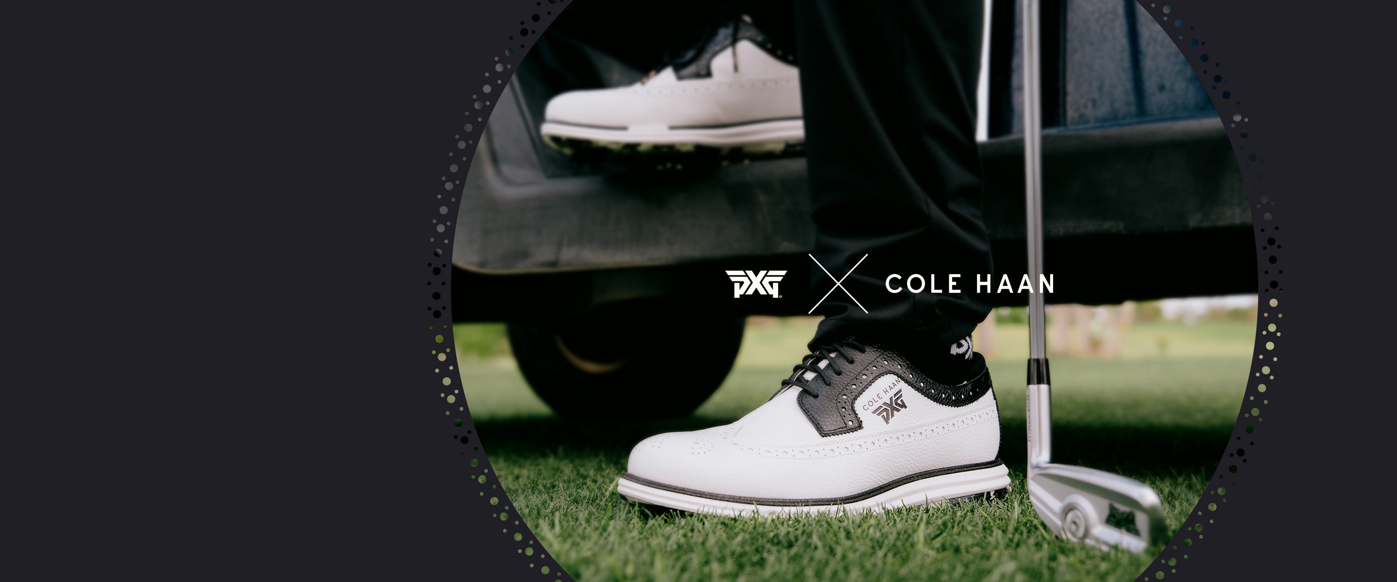 Person wearing Cole Haan golf shoes on a golf course with a putter.