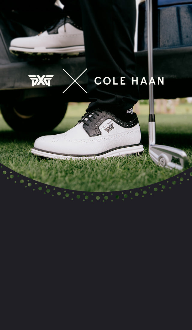 Cole Haan golf shoes with PXG logo on a grassy background