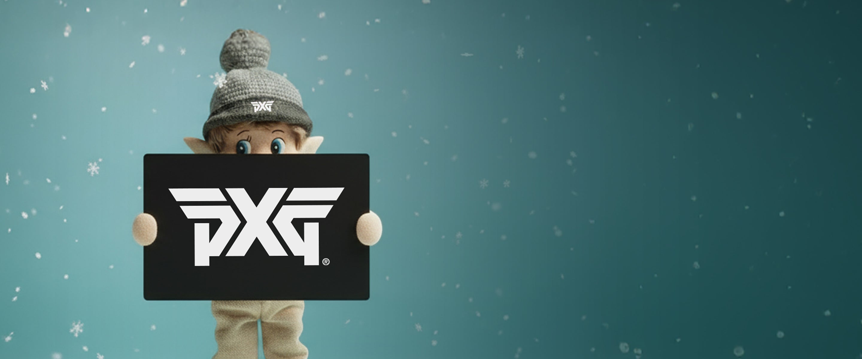 Elf-like character holding a PXG sign against a teal background with snowflakes.