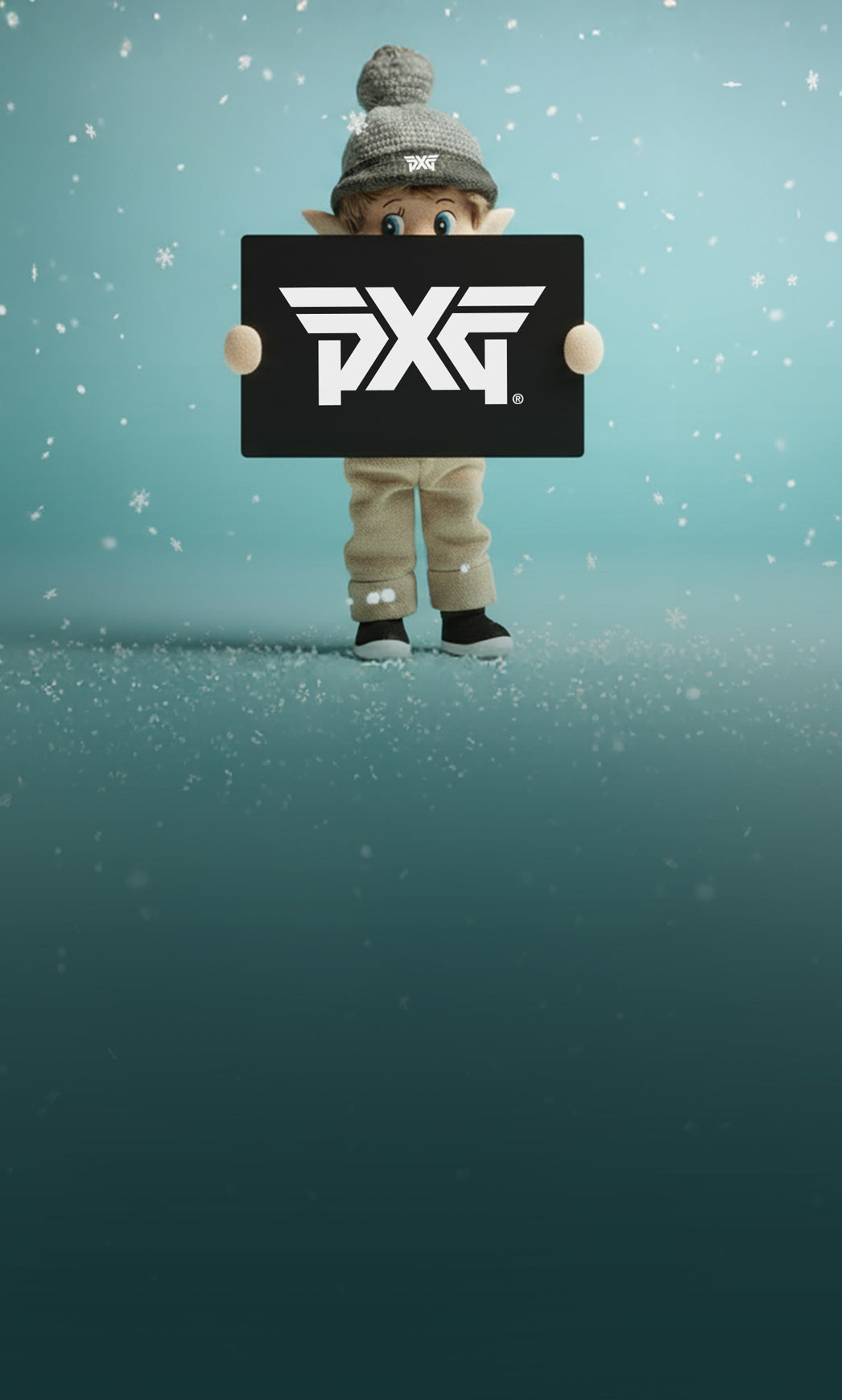 Toy figure holding a PXG sign against a teal background