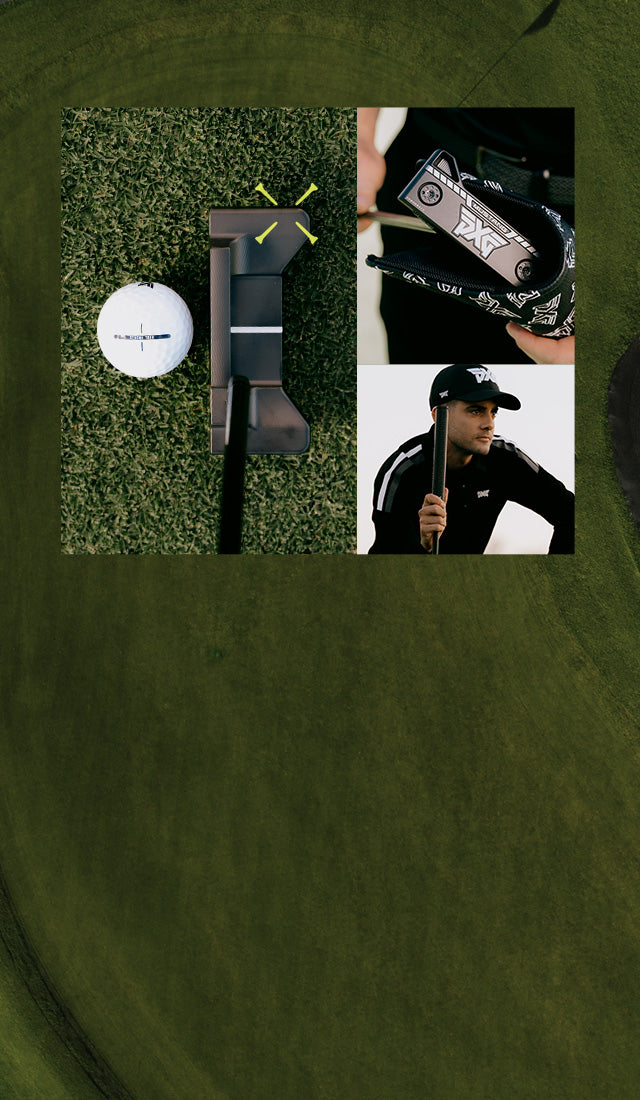 Collage of a golf ball, putter, and a person wearing a cap on a green background