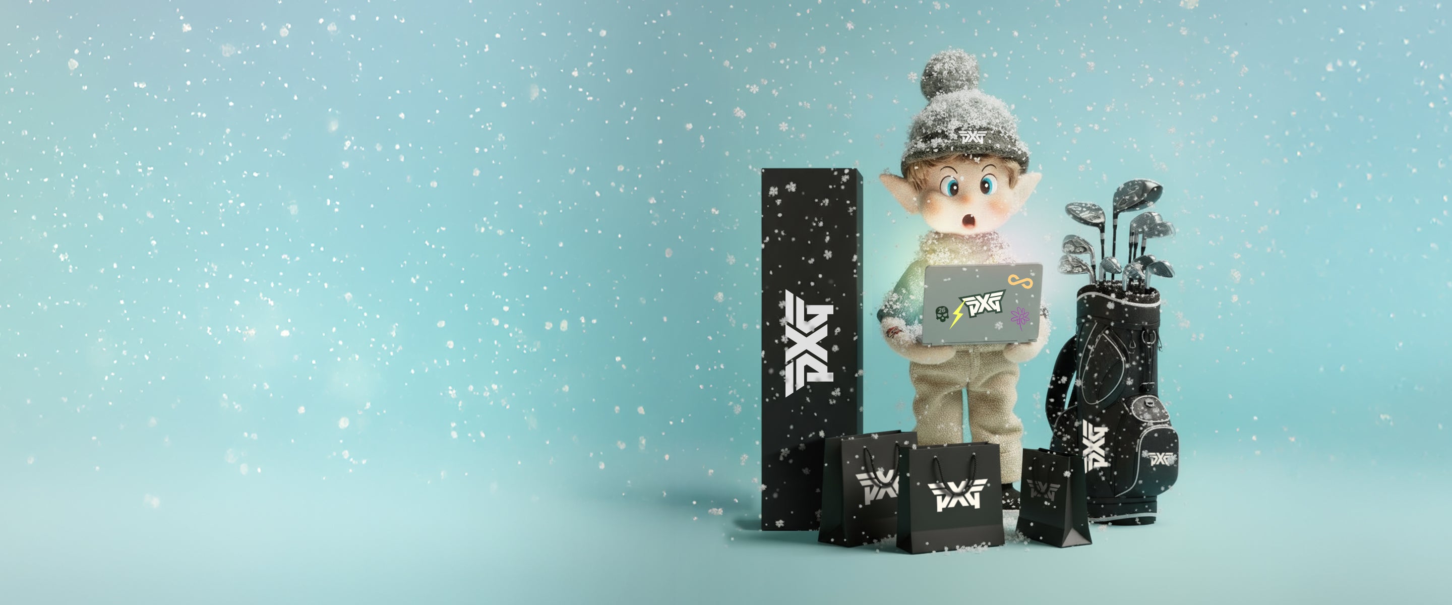 Toy figure with golf equipment on a light blue background