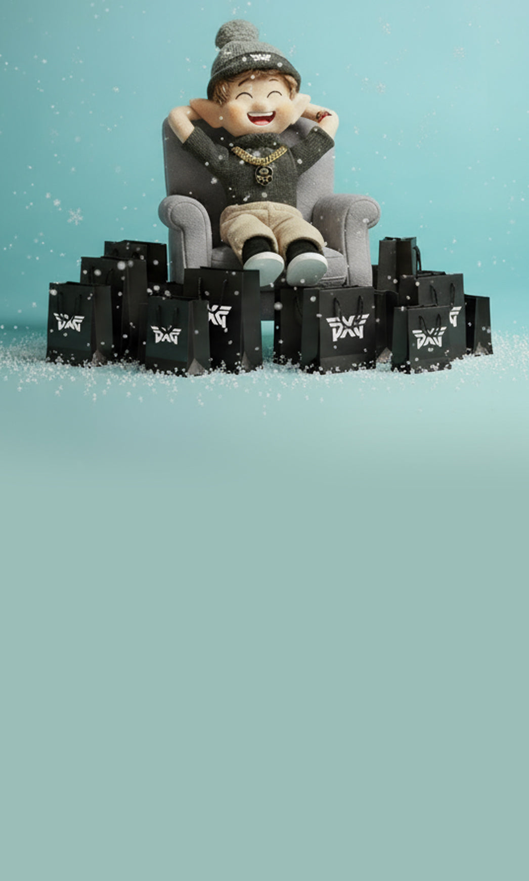 Toy figure sitting on a stack of black boxes with a light blue background