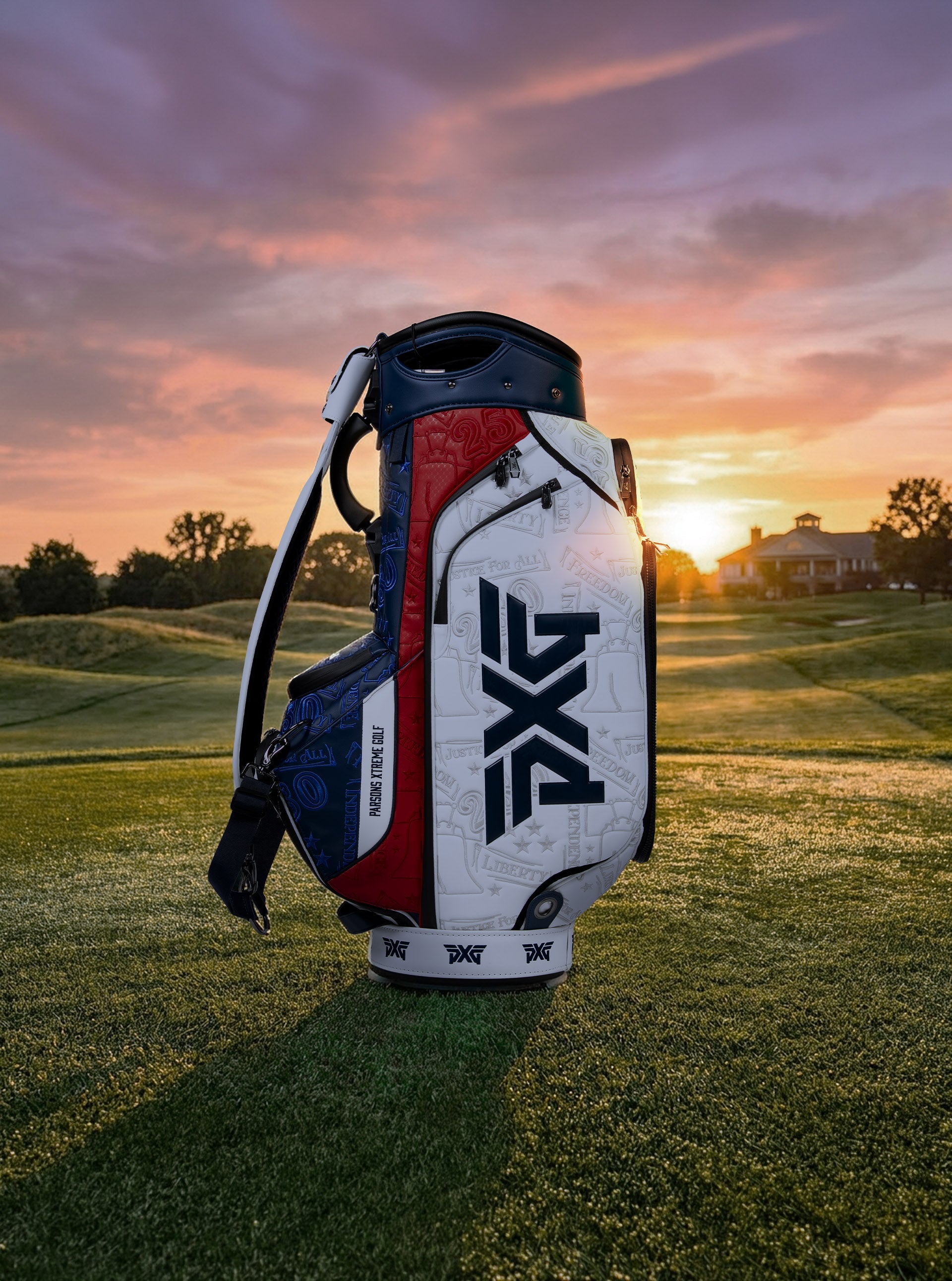 Golf bag with PXG logo on a golf course at sunset