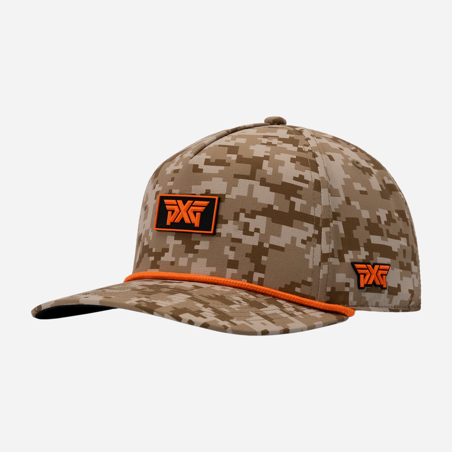Digital camo cap with orange logo and rope detail on a white background